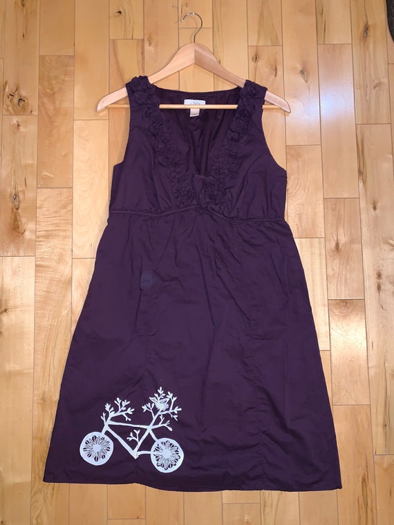 Upcycled Dusty Dark Purple Knee Length Cotton Dress -  Bicycle Print LOFT Size 10/M