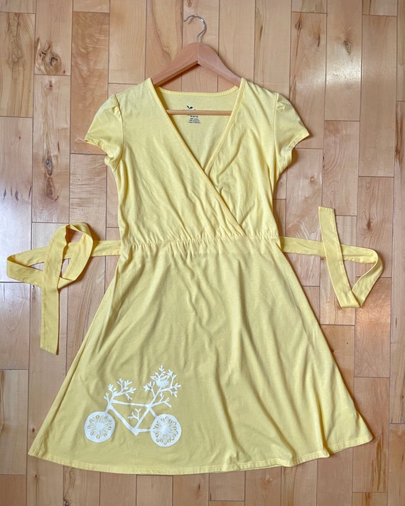Upcycled Lemon Yellow Knee Length Dress -  Bicycle Print Size M