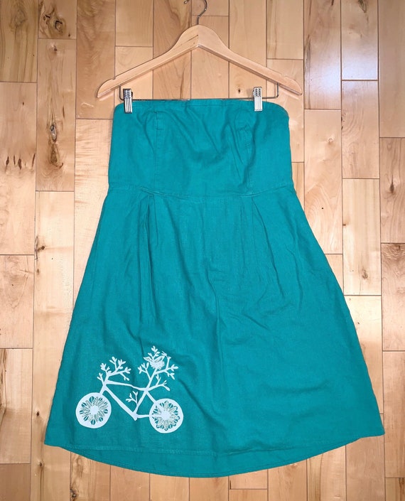 Upcycled Kelly Green Knee Length Strapless Linen Dress - Bicycle Print Old Navy Size 14