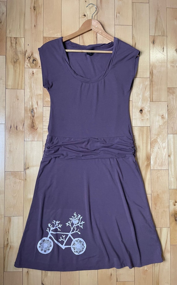 Upcycled Dusty Purple Knee Length Dress -  Bicycle Print Size S