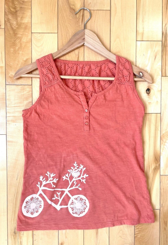 Upcycled Salmon Pink Jersey Sleeveless Top - Bicycle Print Size XS