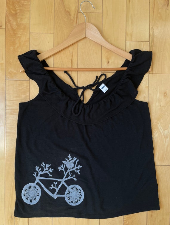 Upcycled Black Linen Top - Bicycle Print Size S