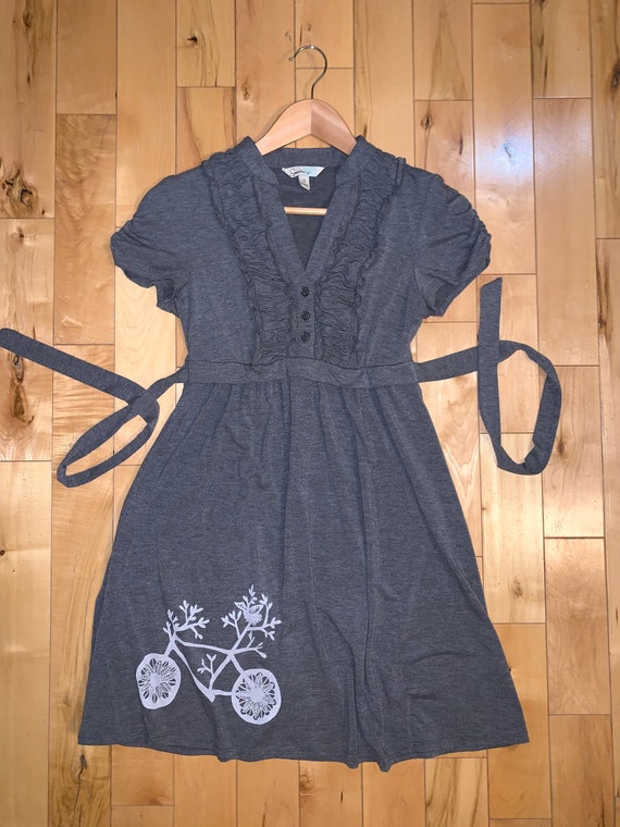 Upcycled Charcoal Gray Jersey Dress -  Bicycle Print Size Small