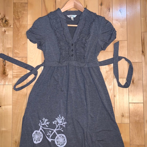 Upcycled Charcoal Gray Jersey Dress -  Bicycle Print Size Small