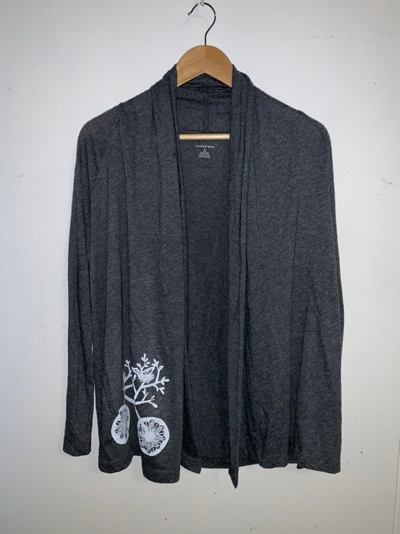 Upcycled Heather Gray Open Front Cardigan Bicycle Print -  Size S