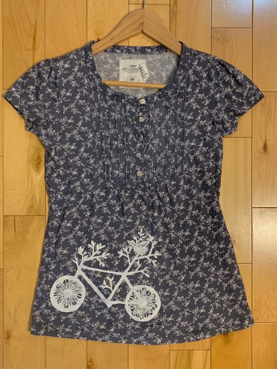 Upcycled Blue-Grey Floral Print Top with Bicycle Print Size XS