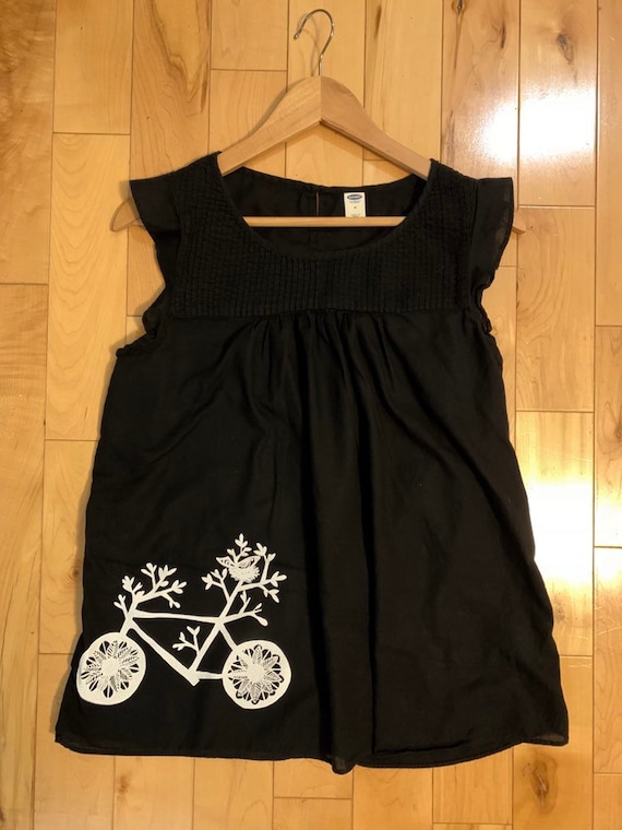 Upcycled Black Cotton Top - Bicycle Print Size M
