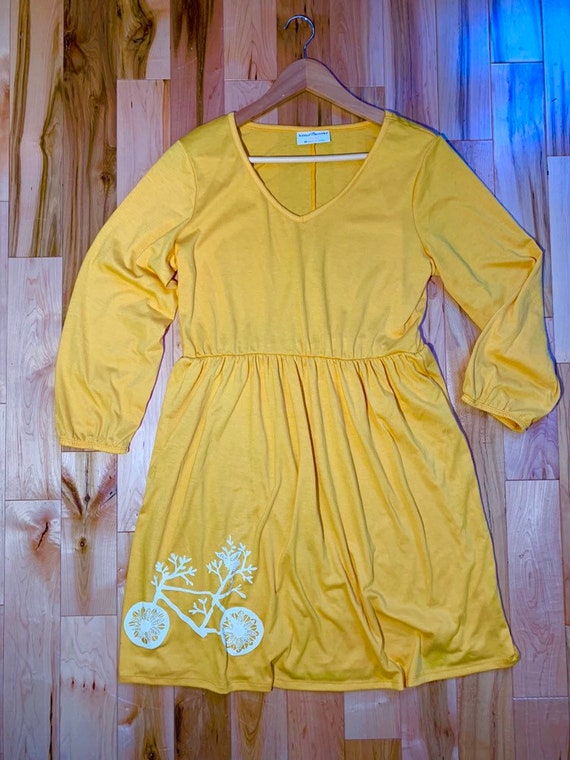Upcycled Yellow Long Sleever Knee Length Dress with Bicycle Print Size M