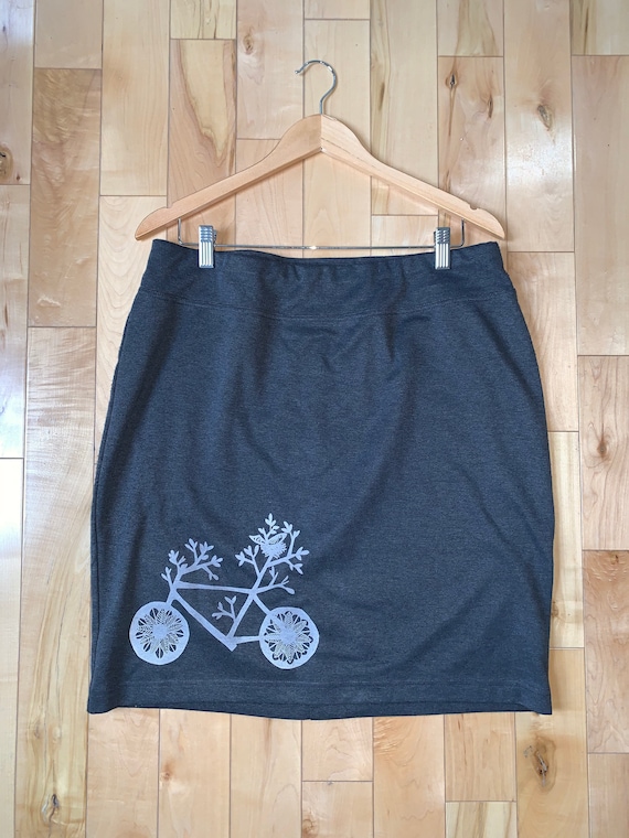 Upcycled Knee Length Jersey Pencil Bicycle Skirt in Dark Charcoal Grey Size L