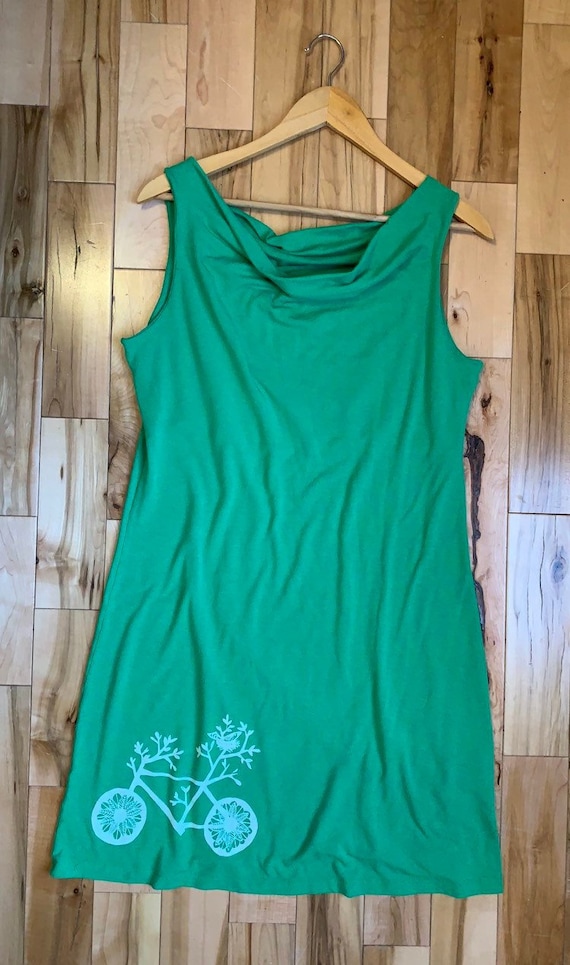 Upcycled Kelly Green Sleeveless Dress with Bicycle Print Size M