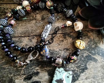 Witchy Boho Necklace Halloween Season Eclectic Playful Spooky Witch, Spider, Cat, Skull, Full Moon