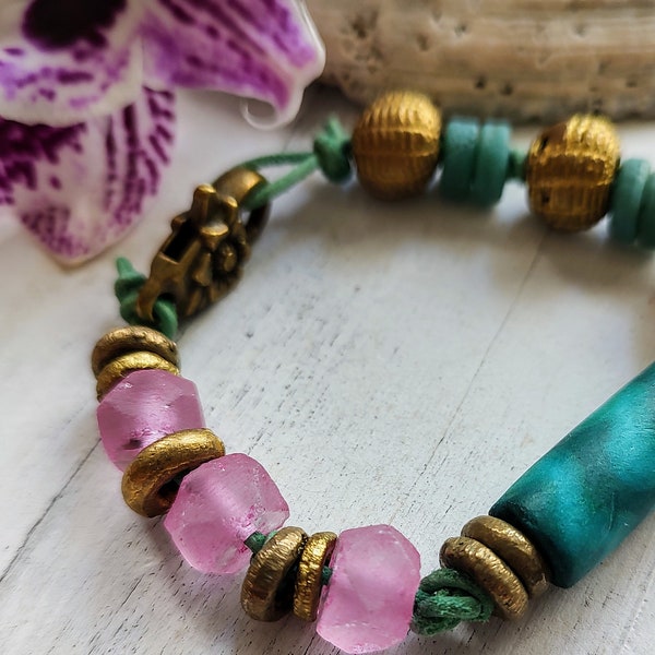 Island Vibes Beaded Bracelet in Bright Tropical Colors "Sanibel" Gorgeous Knotted Leather Glass and Brass Summer Jewelry