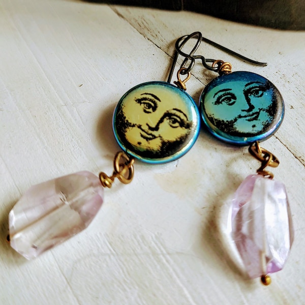 Amethyst Moon Drop Earrings Glass Moon Face Full Moon Laser Cut Glass & Gemstone Celestial Earrings