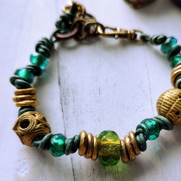 Green & Gold Leather Knotted Adjustable Clasp Bracelet Rustic Boho Elegance Made with Brass and Glass Vintage Vibe Artifact Look