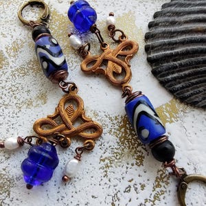 Edwardian Style Dangle Earrings: Scrolled Brass, German Glass, Seed Pearls