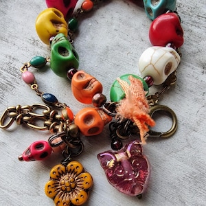 Sugar Skull Bracelet &quot;Family Reunion&quot; Colorful Clasp Bracelet Day of the Dead Beaded Skull & Specialty Chain With Charms