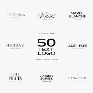 以下が含まれることがあります： 白背景に黒文字で書かれたロゴのコレクション。Seraphina Skincare、Veloris Luxury Spa、Marée Blanche Nail Techなどの名前が含まれています。「50 TEXT LOGO」の文字と「Editable in Canva」も表示されています。