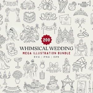 May include: A collection of black and white line art illustrations featuring wedding themes including a cupid, rings, cakes, flowers, a church, a car, and musical instruments with the text 200 WHIMSICAL WEDDING MEGA ILLUSTRATION BUNDLE SVG PNG EPS.