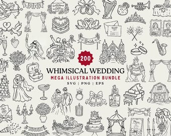 200 Whimsical Wedding Clipart Bundle | Wedding Illustrations SVG , PNG & EPS | Wedding Invitation , Save the Date Doodles
