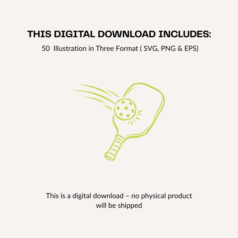 K&ouml;nnte beinhalten: Ein digitaler Download mit einer lindgr&uuml;nen Strichzeichnung eines Pickleball-Schl&auml;gers, der einen Ball mit Bewegungslinien trifft. Der Text lautet: THIS DIGITAL DOWNLOAD INCLUDES: 50 Illustration in Three Format ( SVG, PNG & EPS).