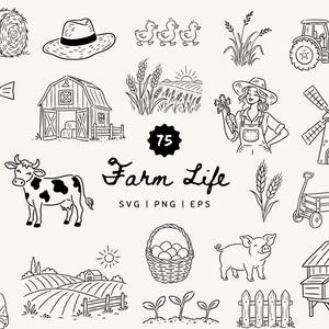 Puede incluir: Una colección de ilustraciones de línea en blanco y negro con elementos de la vida agrícola, incluyendo un tractor, molino, granero, vaca, cerdo, gallinero, granjero, cultivos y una cesta de huevos, con el texto 75 Farm Life SVG | PNG | EPS.