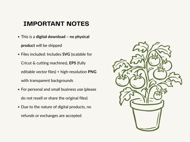 May include: A digital graphic featuring the text IMPORTANT NOTES followed by a list of file details and usage terms. To the right is a line art illustration of a tomato plant with several round tomatoes growing in a simple flower pot.
