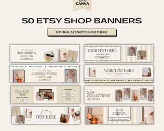 50 sjablonen voor Etsy Shop-banners, 50 boho-canva-bannersjablonen, Etsy-bannersjabloon, Etsy Shop Kit, beige Etsy Store-bannermodel, branding