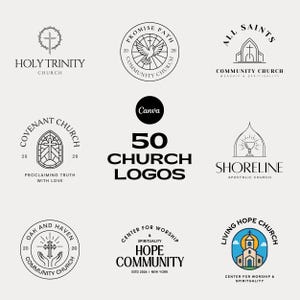 Op de afbeelding: Een verzameling van 50 kerklogo's in verschillende stijlen. De logo's bevatten kruisen, duiven, kerkgebouwen en tekst zoals "Holy Trinity Church" en "Promise Path Community Church". De afbeelding bevat het Canva-logo.