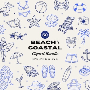 Pacchetto di 50 clipart costiere disegnate a mano / Illustrazioni di spiagge in formato SVG, PNG ed EPS / Doodle nautici estivi / Icone per vacanze al mare