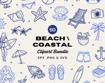 50 Coastal Clipart Bundle | Beach Illustration SVG, PNG & EPS | Summer Nautical Doodle |  Seaside Vacation Icons