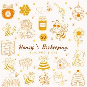 Puede incluir: Una colección de ilustraciones de líneas en color amarillo dorado con temas de miel y apicultura, incluyendo abejas, colmenas, tarros de miel, un apicultor, un girasol, un oso y un vestido, con el texto Honey Beekeeping SVG, PNG & EPS y Sweet Honey.