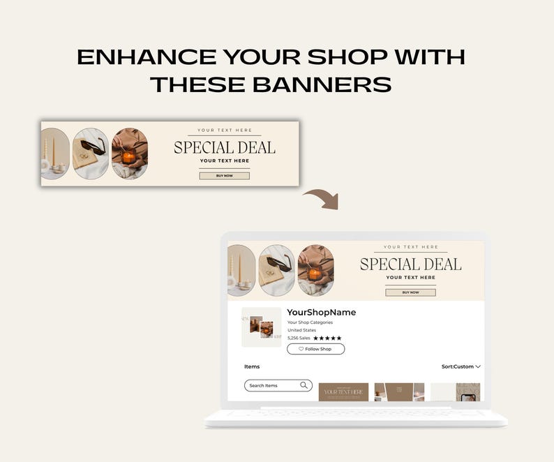 May include: A digital mockup of an Etsy shop banner with the text "ENHANCE YOUR SHOP WITH THESE BANNERS". The banner displays the words "SPECIAL DEAL" and "BUY NOW". The shop name and categories are also visible.