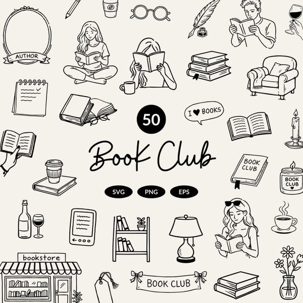 50 Hand Drawn Book Club Clipart Bundle | Book Club Illustration SVG , PNG & EPS | Book Lover Doodle | Cozy Library Line Art | Reading Icons
