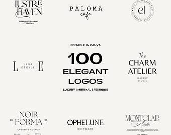 100 logotipos elegantes, logotipos minimalistas editables para pequeñas empresas, logotipos de lujo, logotipos de texto, logotipos comerciales personalizables, logotipos prediseñados en Canva.