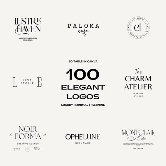 100 Elegant Logo, Editable Minimal Logo for Small Business, Luxury Logo, Text Logo, Customizable Business Logo, Premade Logo Canva