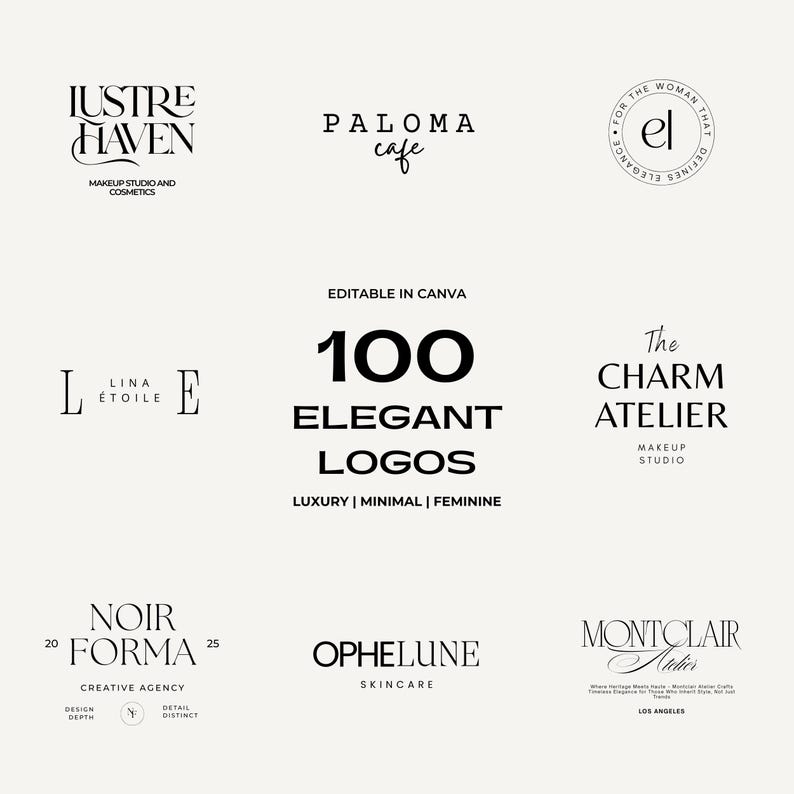May include: A collection of 100 elegant logos in black text on a cream background. The logos include text for makeup studios, cafes, and skincare brands. The words "Editable in Canva" and "Luxury | Minimal | Feminine" are also present.