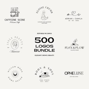 Puede incluir: Una colección de logotipos minimalistas en blanco y negro. Los logotipos incluyen una cafetería, un panadero, iniciales, un salón de belleza, un estudio de yoga y un estudio de pilates. El texto incluye "500 LOGOS BUNDLE" y "Editable in Canva."