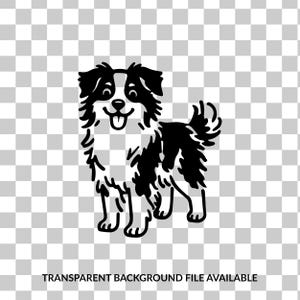 Op de afbeelding: Een zwart-witte grafische illustratie van een hond met lang, warrig haar, puntige oren en een pluizige staart. De hond staat afgebeeld in een staande positie met de bek open, waarbij de tong zichtbaar is, en heeft een vriendelijke uitstraling.