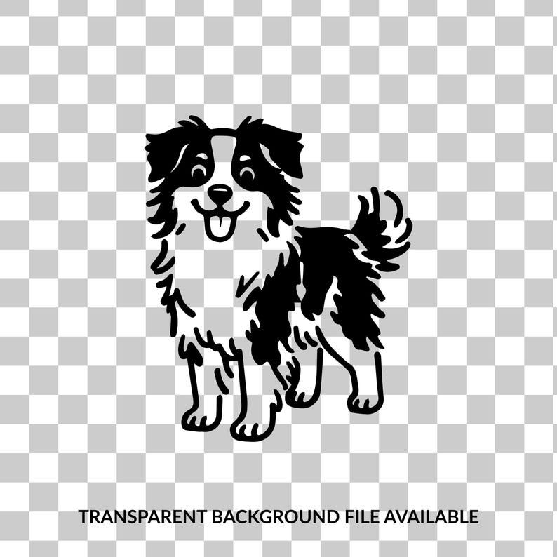 Op de afbeelding: Een zwart-witte grafische illustratie van een hond met lang, warrig haar, puntige oren en een pluizige staart. De hond staat afgebeeld in een staande positie met de bek open, waarbij de tong zichtbaar is, en heeft een vriendelijke uitstraling.