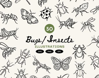 50 Insects and Bugs Clipart Bundle |  Line Art Insect Illustrations SVG , PNG & EPS | Beetles, Butterflies, Dragonflies and More