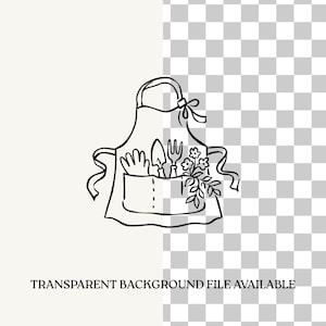 May include: A black and white line art illustration of a gardening apron featuring a front pocket containing a pair of gloves, a hand trowel, a small garden fork, and a leafy plant with flowers. The apron has a neck strap with a bow detail.