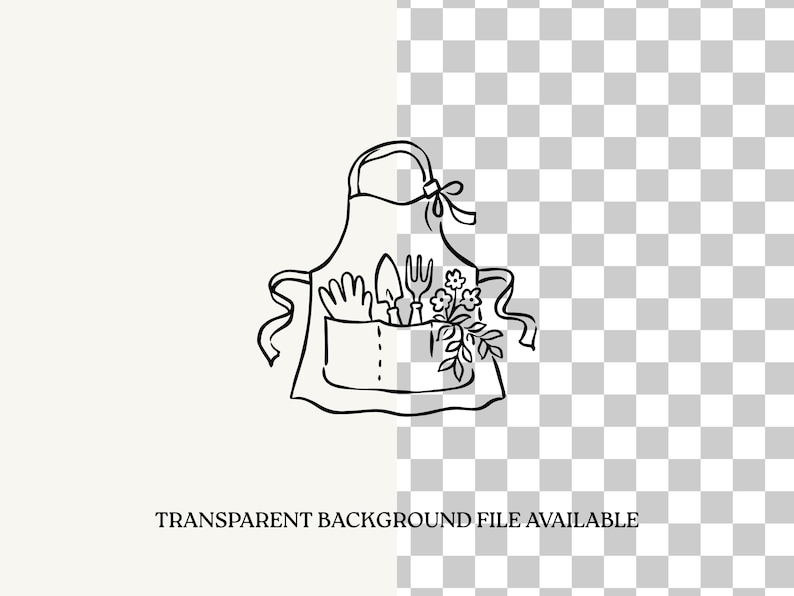 May include: A black and white line art illustration of a gardening apron featuring a front pocket containing a pair of gloves, a hand trowel, a small garden fork, and a leafy plant with flowers. The apron has a neck strap with a bow detail.