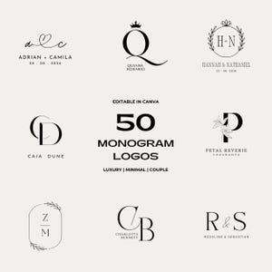 May include: A collection of 50 minimalist monogram logos in black, with various designs including initials, floral elements, and couple names. The text "Editable in Canva" is also present.