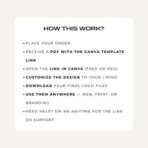 May include: A white graphic with the text "HOW THIS WORK?" and bullet points detailing the process: order, receive PDF, open Canva link, customize design, download logo files, and use anywhere. Includes "NEED HELP? DM ME" text.