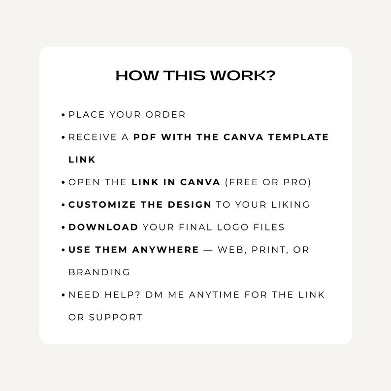 May include: A white graphic with the text "HOW THIS WORK?" and bullet points detailing the process: order, receive PDF, open Canva link, customize design, download logo files, and use anywhere. Includes "NEED HELP? DM ME" text.