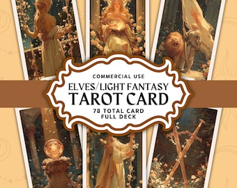 May include: A tarot card deck featuring fantasy art with elves and light fantasy themes. The deck includes 78 cards, with individual cards showcasing detailed illustrations. The text on the image reads "ELVES/LIGHT FANTASY TAROT CARD" and "78 TOTAL CARD FULL DECK".