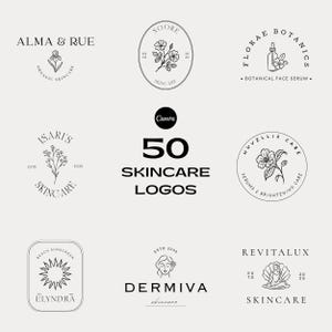 May include: A collection of 50 skincare logos in a minimalist style. The logos feature botanical illustrations, including flowers and leaves, and text such as "Alma & Rue," "Noore," and "Dermiva." The design is clean and elegant, with a focus on natural beauty.