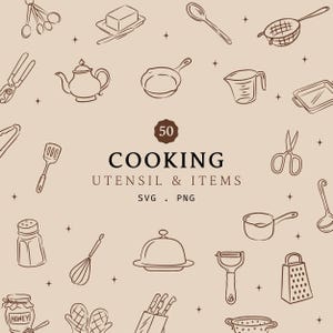 May include: A collection of 50 cooking utensil and item illustrations in a line art style. The image features various kitchen tools like a teapot, frying pan, measuring cup, and more, with the text "COOKING UTENSIL & ITEMS SVG . PNG".