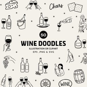 Bundel van 50 wijncliparts | Wijnillustraties in SVG, PNG en EPS-formaat | Pictogrammen van wijnglazen en -flessen | Clipart van wijn inschenken | Proost-doodle