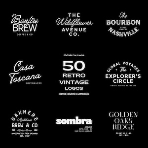 May include: Nine retro vintage logos in white text on a black background. The logos feature text for various businesses, including coffee shops and restaurants. The text "50 Retro Vintage Logos" is also displayed, with the words "Retro, Rustic, Lettering".
